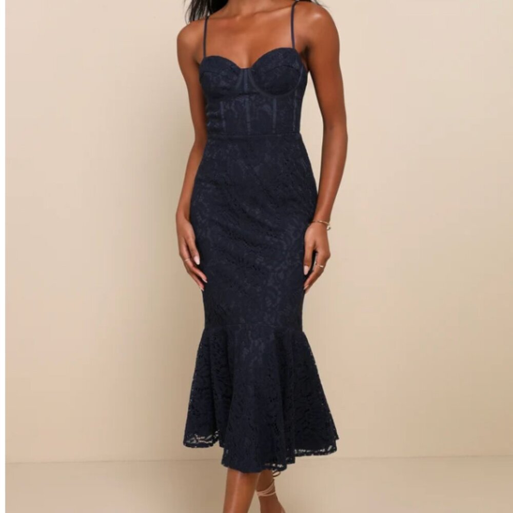 Navy Blue Lace Sleeveless Trumpet Midi Dress